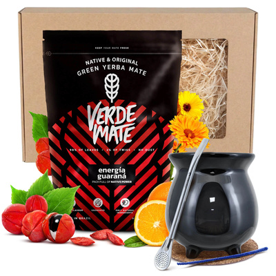 Geschenkset Mate Tee: Verde Mate Energía Guaraná + Kalebasse + Bombilla