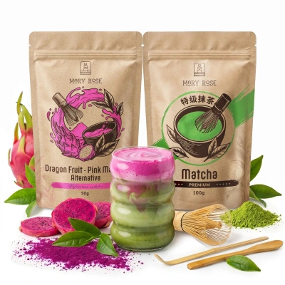 Set für bunten Matcha Latte: Matcha + Pink Matcha + Zubehör