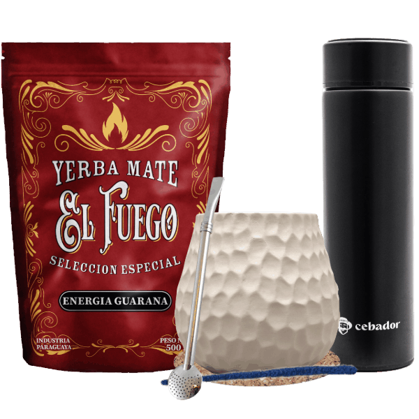 Mate-Tee-Set: El Fuego 500g + Thermosflasche LED + Kalebasse + Bombilla