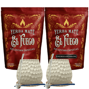 Starter-Set für zwei Personen Mate Tee El Fuego 2×500 g + 2× Kalebasse + 2× Bombilla
