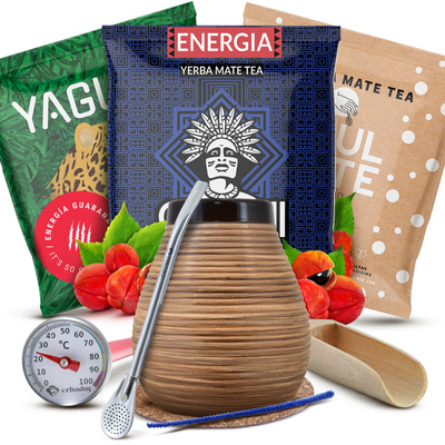 Mate-Tee-Set: Proben 3x50g + Mate-Becher Honig + Bombilla