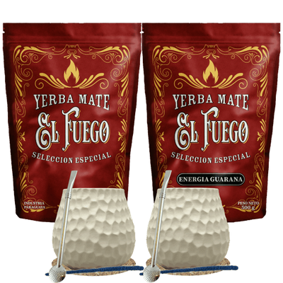 Starter-Set für zwei Personen Mate Tee El Fuego 2×500 g + 2× Kalebasse + 2× Bombilla